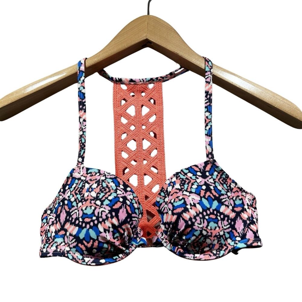 AERIE Womens Size 32B Tribal Pattern Racerback Bikini Top Coral Wired